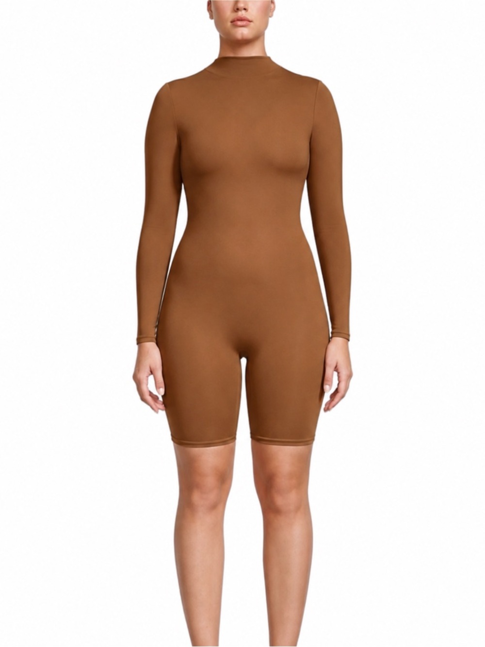 NWT SKIMS Long Sleeve Mock Neck Stretch Romper  shape wear Caramel Size Larg